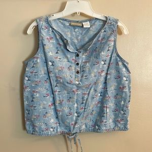 Liz Claiborne Petite Sail Boat Print Sleeveless Cotton Top